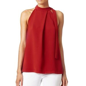 Theory Maysprin Tie Neck Draped Crepe Sleeveless Blouse Tank Top Brick Red L